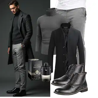 Slim fit Outfit mit Schwarz/Dunkelgrau Gehröck/Kaschmir Mantel/Wollfleece Mantel/Wintermantel Wollmantel YOUTHUP "Freizeit Outfit"
