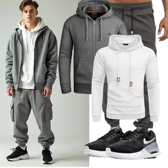 Outfit mit Dunkelgrau/Hellgrau/Grau KapuzenPullover/Sport Sweatshirt/Ausgefallener Hoodie/Strick Hoodie/Sport Hoodie/Sweatjacke/Pullover mit Reißverschluss Grin&Bear "Freizeit Outfit"