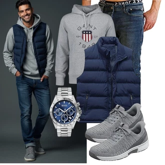 Outfit mit Dunkelblau/Blau Reiseweste/Isolationsweste/Steppweste/Kurze Weste/Daunenweste/Puffer Weste/Outdoorweste Allthemen "Freizeit Outfit"