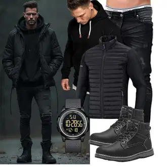 Winter Outfit mit Schwarz Winter Stiefel/Wattierte Stiefel/Klassischer Stiefel/Schnürstiefelette/Stiefel Mit Reißverschluss/Winter Stiefelette/Gefütterte Stiefelette/Wasserfester Schuh/Wasserdichter Stiefel/Winter Sneaker/Herren Lederschuhe ANALEAF "Freizeit Outfit"