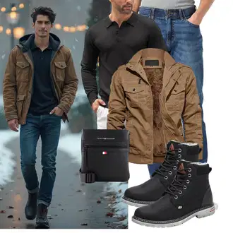 Winter Outfit mit Schwarz Wattierte Stiefel/Wasserdichter Stiefel/Winter Stiefel/Herren Lederschuhe/Schnürstiefelette/Klassischer Stiefel/Gefütterte Stiefelette/Winter Stiefelette/Winter Sneaker Mishansha "Freizeit Outfit"
