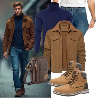 Outfit mit Braun/Beige/Khaki Winter Stiefelette/TrekkingStiefel/Winter Stiefel/Gefütterte Stiefelette/Klassischer Stiefel/SchnürStiefel/Herren Lederschuhe/Wattierte Stiefel/Winter Sneaker/Wasserfester Schuh/Wasserdichter Stiefel ANALEAF "Freizeit Outfit"