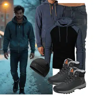 Outfit mit Schwarz/Dunkelblau 2-in-1 Pullover/Pullover mit Reißverschluss/Thermo Pullover/WinterPullover/KapuzenPullover/Sport Hoodie/Strick Hoodie YuKaiChen "Freizeit Outfit"