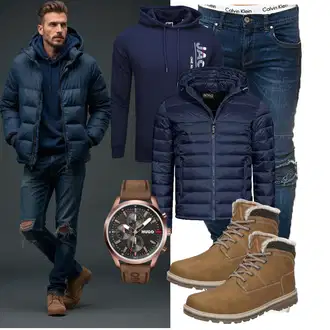 Outfit mit Khaki/Braun/Beige TrekkingStiefel/SchnürStiefel/Wasserdichter Stiefel/Herren Lederschuhe/Wattierte Stiefel/Winter Stiefel/Klassischer Stiefel/Winter Sneaker/Gefütterte Stiefelette/Winter Stiefelette Mishansha "Freizeit Outfit"