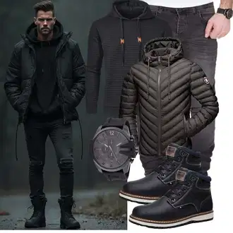 Winter Outfit mit Schwarz/Dunkelblau/Blau Wattierte Stiefel/Wasserdichter Stiefel/Winter Stiefel/Wasserfester Schuh/Klassischer Stiefel/Herren Lederschuhe/Winter Sneaker/Winter Stiefelette/Gefütterte Stiefelette AX BOXING "Freizeit Outfit"