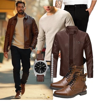 Outfit mit Dunkelbraun/Braun/Dunkelrot/Bordeaux/Grau Motorradjacke/Reitjacke/Vintage Lederjacke/Leder Bomberjacke/Jacke mit Seitlichem Reißverschluss/KunstLederjacke/Lederjacke Sliktaa "Freizeit Outfit"