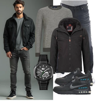 Hütten Outfit mit Schwarz/Dunkelgrau/Grau Skitourenjacke/Wasserdichte Jacke/Outdoorjacke/Wanderjacke/Funktionsjacke/Trekkingjacke Alessandro Salvarini "Freizeit Outfit"Look: Wasen, Pop Konzert, Schule, Festival, Bayram, Electro, Hütten