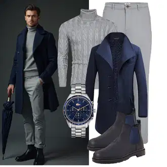 Slim fit Outfit mit Dunkelblau Kaschmir Mantel/Wollfleece Mantel/Blazermantel/Schmal Geschnittener Mantel/Gehröck/Wintermantel Wollmantel YOUTHUP "Freizeit Outfit"
