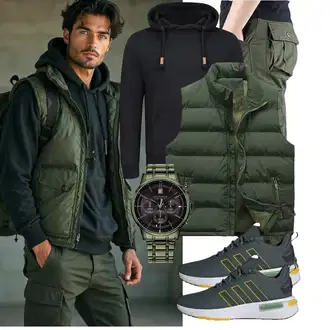 Outfit mit Dunkelgrün Steppweste/Reiseweste/Kurze Weste/Isolationsweste/Daunenweste/Puffer Weste/Outdoorweste Allthemen "Freizeit Outfit"