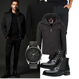 Winter Outfit mit Schwarz/Braun Stiefel Mit Reißverschluss/Leder Stiefelette/Motorradstiefel/Klassischer Stiefel/Schnürstiefelette/Springerstiefel SL-Saint "Freizeit Outfit"