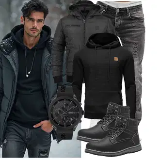 Winter Outfit mit Schwarz Winter Stiefel/Wattierte Stiefel/Klassischer Stiefel/Schnürstiefelette/Stiefel Mit Reißverschluss/Winter Stiefelette/Gefütterte Stiefelette/Wasserfester Schuh/Wasserdichter Stiefel/Winter Sneaker/Herren Lederschuhe ANALEAF "Freizeit Outfit"