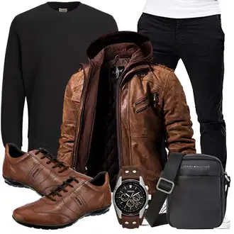 Motorrad Outfit mit Dunkelbraun/Braun Kapuzenjacke/Außergewöhnliche Jacke/Herbstjacke/Jacke mit Seitlichem Reißverschluss/Winterjacke/Kunstlederjacke/Bikerjacke/Leder Bomberjacke/Motorradjacke/Vintage Lederjacke FLAVOR "Freizeit Outfit"Look: Motorrad, Reiten