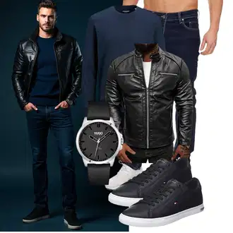 Outfit mit Schwarz Jacke mit Seitlichem Reißverschluss/Vintage Lederjacke/Motorradjacke/Leder Bomberjacke/Bikerjacke/KunstLederjacke OZONEE "Freizeit Outfit"