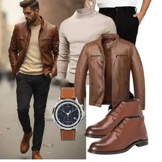Stil, Western Outfit mit Braun/Beige/Dunkelbraun Jacke mit Seitlichem Reißverschluss/Bikerjacke/Motorradjacke/KunstLederjacke/Vintage Lederjacke/Lederjacke Amaci&Sons "Freizeit Outfit"Look: 80er, Moderne, Western, Schön, Coole, Retro
