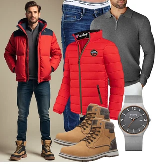 Outfit mit Braun/Beige/Khaki Winter Stiefelette/TrekkingStiefel/Winter Stiefel/Gefütterte Stiefelette/Klassischer Stiefel/SchnürStiefel/Herren Lederschuhe/Wattierte Stiefel/Winter Sneaker/Wasserfester Schuh/Wasserdichter Stiefel ANALEAF "Freizeit Outfit"