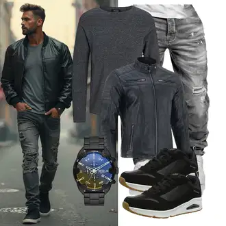 Outfit mit Schwarz/Grau/Dunkelgrau Kunstfaserjacke/Reitjacke/Jacke mit Seitlichem Reißverschluss/Lederjacke/Bikerjacke/KunstLederjacke/Motorradjacke Vance The Leather Company "Freizeit Outfit"
