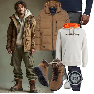 Outfit mit Grau/Orange/Schwarz/Hellgrau/Rosa/Khaki/Hellblau Sport Sweatshirt/Unisex Hoodie/Vintage Hoodie/Hoodie/Ausgefallener Hoodie/Sport Hoodie/Kapuzenpullover Jack & Jones "Freizeit Outfit"