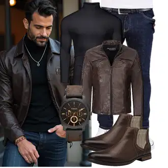 Outfit mit Dunkelbraun/Grau/Rosa/Dunkelgrün/Braun/Grün Leder Bomberjacke/Bikerjacke/Motorradjacke/Kunstlederjacke/Vintage Lederjacke/Lederjacke PAULGOS "Freizeit Outfit"