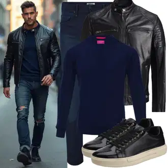 Stil Motorrad Outfit mit Schwarz KunstLederjacke/Lederjacke/Bikerjacke/Vintage Lederjacke/Jacke mit Seitlichem Reißverschluss/Motorradjacke/Leder Bomberjacke Maze "Freizeit Outfit"Look: Indie, Trendige, Rad, Stil, Techno, Rockabilly, Punk, Wetlook, Rockige, 80er, Motorrad, Reiten