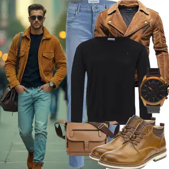 Große Größen Outfit mit Braun Mantel/Vintage Lederjacke/Lederjacke/KunstLederjacke/Leder Bomberjacke/Wachsjacke/Bikerjacke/Motorradjacke/Jacke mit Seitlichem Reißverschluss Maze "Freizeit Outfit"