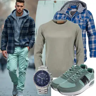 Zweiteilige Outfit mit Dunkelblau/Blau/Hellblau/Grau Holzfäller Jacke Carhartt "Freizeit Outfit"