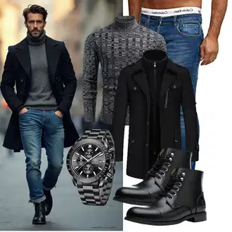 Winter Outfit mit Schwarz/Braun Stiefel Mit Reißverschluss/Leder Stiefelette/Motorradstiefel/Klassischer Stiefel/Schnürstiefelette/Springerstiefel SL-Saint "Freizeit Outfit"