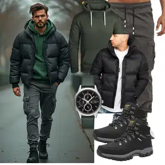 Outfit mit Schwarz/Grün/DunkelGrün/Dunkelgrau Wasserdichter Stiefel/Herren Lederschuhe/Wasserfester Schuh/Wasserdichter Outdoorschuh/Trekkingstiefel ARRIGO BELLO "Freizeit Outfit"