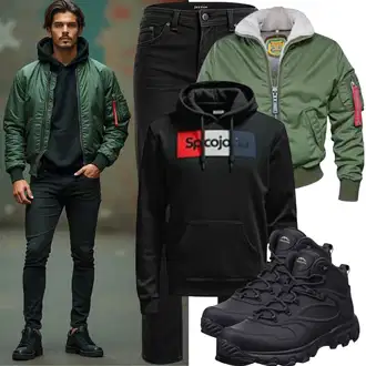 Laufen Outfit mit Schwarz Schnürstiefelette/Springerstiefel/Lederjacke/Winter Sneaker/Klassischer Stiefel/Wasserfester Schuh/Gummistiefelette/Trekkingstiefel/Wasserdichter Stiefel Dockers by Gerli "Freizeit Outfit"Look: Skating, Trekking, Wandern, Laufen