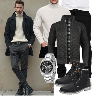 Winter Outfit mit Schwarz Wattierte Stiefel/Wasserdichter Stiefel/Winter Stiefel/Herren Lederschuhe/Schnürstiefelette/Klassischer Stiefel/Gefütterte Stiefelette/Winter Stiefelette/Winter Sneaker Mishansha "Freizeit Outfit"