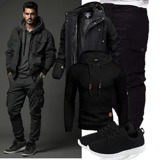 Elegant Outfit mit Schwarz/Dunkelblau/Lila/Khaki Jogger Hose/Cargo-JoggingHose/Capri/CargoHose/Cargo Short PITTMAN "Freizeit Outfit"Look: Feine, Empire, Outdoor, Rap, Lack, Coole, Smart Casual, Workwear, Casual, Techno, Unisex, Trendige, Streetwear, Elegant, Schlichte