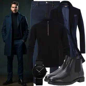 Lang Reiten Outfit mit Dunkelblau Übergangsmantel/Wollfleece Mantel/Kaschmir Mantel/Blazermantel/Schmal Geschnittener Mantel/Gehröck/Wintermantel Wollmantel/Wickel Pullover/Pullover mit Stehkragen/Außergewöhnliche Jacke/Trachtenstrickjacke/Doppeljacke/Schlupfjacke/Langjacke/Wolljacke Generic "Freizeit Outfit"Look: Apres ski, Fitness, Freizeit, Reiten, Laufen, Musical