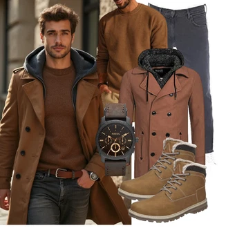 Outfit mit Khaki/Braun/Beige TrekkingStiefel/SchnürStiefel/Wasserdichter Stiefel/Herren Lederschuhe/Wattierte Stiefel/Winter Stiefel/Klassischer Stiefel/Winter Sneaker/Gefütterte Stiefelette/Winter Stiefelette Mishansha "Freizeit Outfit"