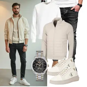 Rundhals Outfit mit Weiß/Creme Sweatshirt Lederjacke/Women's Fleece Sweatshirts/Sport Sweatshirt Jack & Jones "Freizeit Outfit"