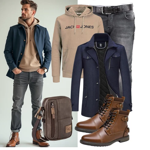 Schwarz Jeans Leder Schuhe Rock Creek kombinieren mit Khaki/Beige/Braun Hoodie Damen Pullover/Sport Sweatshirt/Partner Hoodie/Unisex Hoodie/Sport Hoodie/Hoodie/Ausgefallener Hoodie/Vintage Hoodie/Kapuzenpullover Jack & Jones