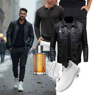 Motorrad Outfit mit Schwarz/Grau/Creme Bikerjacke/Leder Bomberjacke/KunstLederjacke/Lederjacke/Vintage Lederjacke ZFBAOJT "Freizeit Outfit"Look: Motorrad, Arbeits, Freizeit, Reiten