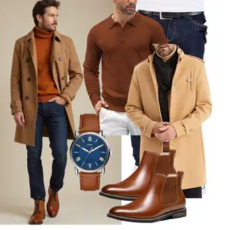 Slim fit Outfit mit Beige/Braun Langer Wintermantel Leif Nelson "Freizeit Outfit"