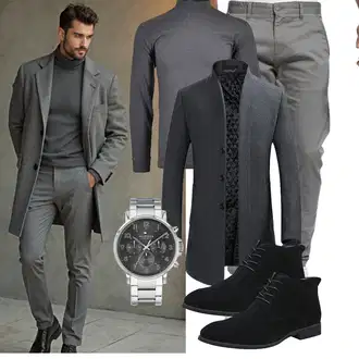 Slim fit Outfit mit Dunkelgrau/Grau/Dunkelblau Strickmantel/Schmal Geschnittener Mantel/Wollfleece Mantel/Gehröck/Blazermantel/Kaschmir Mantel/Wintermantel Wollmantel YOUTHUP "Freizeit Outfit"