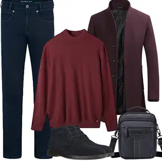Slim fit Outfit mit Dunkelrot/Bordeaux Tweed Mantel/Kaschmir Mantel/Gehröck/Blazermantel/Wollfleece Mantel/Strickmantel/Schmal Geschnittener Mantel/Wintermantel Wollmantel YOUTHUP "Herbst Outfits"