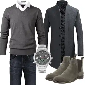 Slim fit Outfit mit Dunkelgrau/Grau/Dunkelblau Strickmantel/Schmal Geschnittener Mantel/Wollfleece Mantel/Gehröck/Blazermantel/Kaschmir Mantel/Wintermantel Wollmantel YOUTHUP "Herbst Outfits"