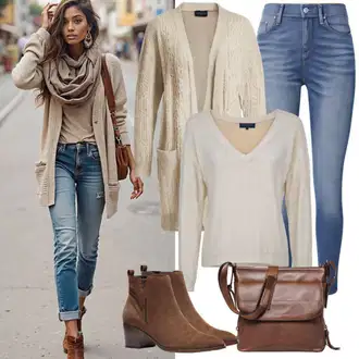 Jesenske Outfiti Debel mit Rjava/Bež/Bela/Khaki Volnen Pulover/Pulover Nicki/Debel pleten pulover/Pulover Carmen/Pulover z Resicami/Osnovni Pulover/Zimski Pulover/Preprost Pulover/Pulover iz Kašmirja/Pleteni Pulover/Pulover z vzorcem pletenja herskind "Jesenska obleka za vsakdanje nošenje"