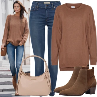 outfit mit Rjava/Bež Teddy torba/Torba za čez ramo/Torba iz filca/Vrečka za prenašanje/Velika torba/Napihnjena torba madamra "Jesenska obleka za vsakdanje nošenje"