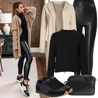 outfit mit Bela/Črna/Bež/Rumena Hlače Usnjena pajkica/Leginge v Videzu Usnja/Hlače iz Imitacije Usnja/Skinny Hlače/Usnjena Hlača Pinko "Jesenski Videz"
