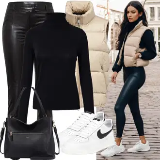 outfit mit Bela/Črna/Bež/Rumena Hlače Usnjena pajkica/Leginge v Videzu Usnja/Hlače iz Imitacije Usnja/Skinny Hlače/Usnjena Hlača Pinko "Jesenski Videz"