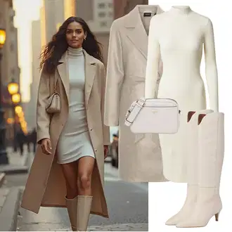 Outfity na podzim s Béžová/Bílá/Khaki Dlouhá Kozačka/Kozačka po Kolena/Kozačka nad Kolena/Vintage kozačka/Špičatá Kozačka About You "Elegantní zimní outfit"