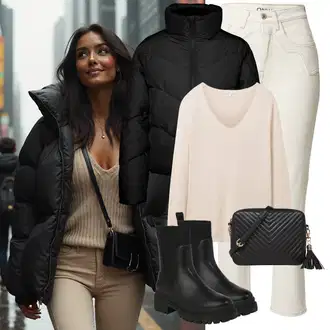 Premium Outfit sa Krem/Kaki/Bijela/Bež Capri Hlače/Ravna Hlača/3/4 Hlača/Hlače s Prorezom/Hlače Visokog Struka/Uske Hlača/rupa hlača/Skinny Hlače Only "Outfit za zimu"Look: Stil, Rap, Boja, Premium, cool, Vanjski