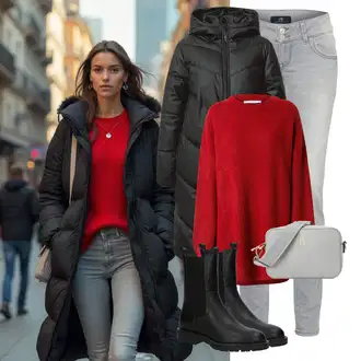 Layered Outfit s Černá Zimní Kabát/Dlouhý Zimní Kabát/Prošívaný kabát/Péřový Kabát/Kabát s Kapucí/Dlouhý Péřový Kabát JdY "Perfektní na zimu"Look: Layered, Venkovní, Nadrozměrné