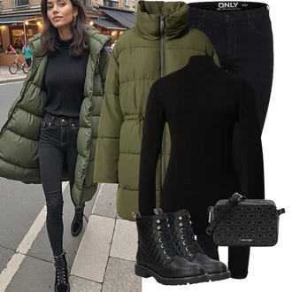 Prošívaný Outfit s Černá Šněrovací Kotníková Bota/Kožená bunda/Vycpaná kozačka/Gumová Kotníková Bota/Bojová Bota/Klasická kozačka/Plochá Kotníková Bota/Kozačka se zipem About You "Zimní Vzhled"