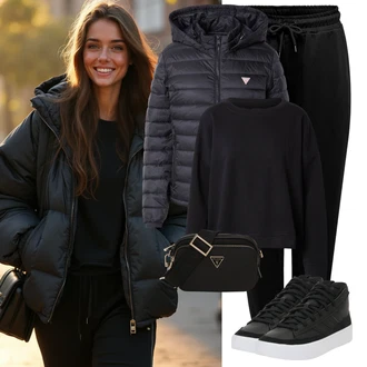 Nadrozměrné Krátká Outfit s Černá Fleecová Mikina/Kožená bunda/Sportovní mikina Pieces "Sportovní zimní outfit"Look: Chill, Hip Hop, Nadrozměrné, Skater, Unisex, Univerzitní, Pracovní oděvy, Sportovní