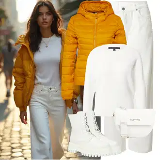 Zvonové kalhoty Outfit s Krémová/Bílá/Khaki Dad Džíny/Formální Košile/Džíny Volného Střihu/Rovná Džína/Mom Jean/Džíny Regular Fit/Sportovní boty/Vintage Džíny Leger by Lena Gercke "Zimní look"