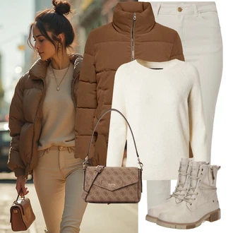 Manšestr Outfit s Béžová/Tmavě hnědá/Hnědá/Khaki Prošívaná Bunda/Krátký Bund/Krabice bunda/Letní peřová bunda/Krátký Bund/Podzimní bunda/Udržitelná bunda/Zimní Bund/Nafukovací Bund/Puchová Bund Only "Perfektní na zimu"